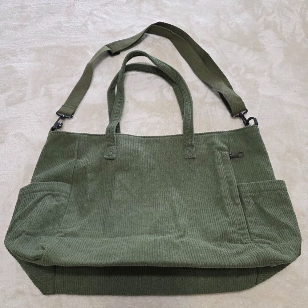 Unbranded Green Corduroy Bag Tote Laptop Bag Pockets Straps Crossbody Zip Pocket - Picture 2 of 9